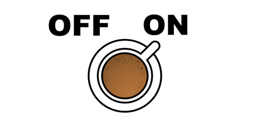 Cartoon coffee power turn on or power off. Coffee or tea break. Measuring scale with cup of coffee. Coffee time. Vector icon or logo. Full energy charge. Energetic drink. Toggle switch