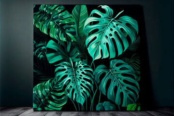 Tropical leaves rainforest foliage painting. Paint brush green monstera leaf frame on table dark wallpaper. Nature background illustration