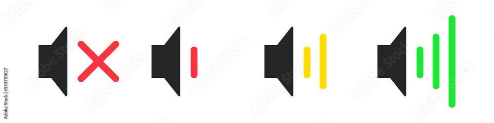Poster volume level icon set. different colorful levels from low to high and mute sign. sound panel tuner i