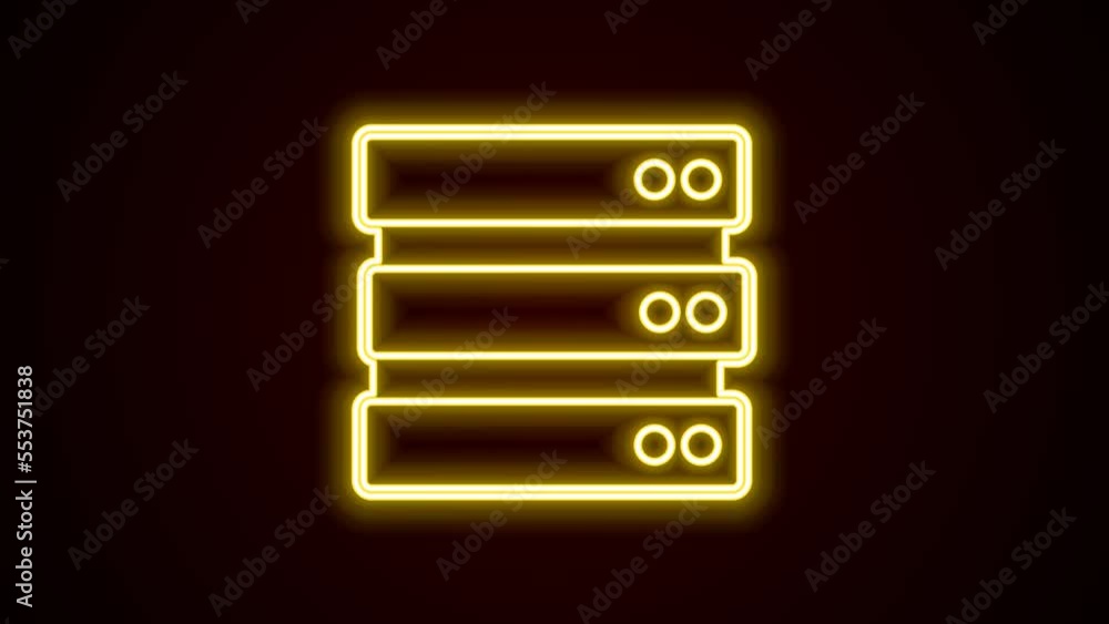 Poster glowing neon line server, data, web hosting icon isolated on black background. 4k video motion graph