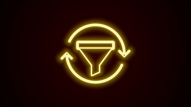 Glowing neon line Sales funnel with chart for marketing and startup business icon isolated on black background. Infographic template. 4K Video motion graphic animation