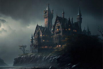 medieval, dark fantasy, gothic, haunted castle, magical, elven, art illustration - obrazy, fototapety, plakaty