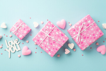Valentine's Day concept. Top view photo of pink present boxes in wrapping paper with heart pattern marshmallow candles inscription love you and sprinkles on isolated pastel blue background