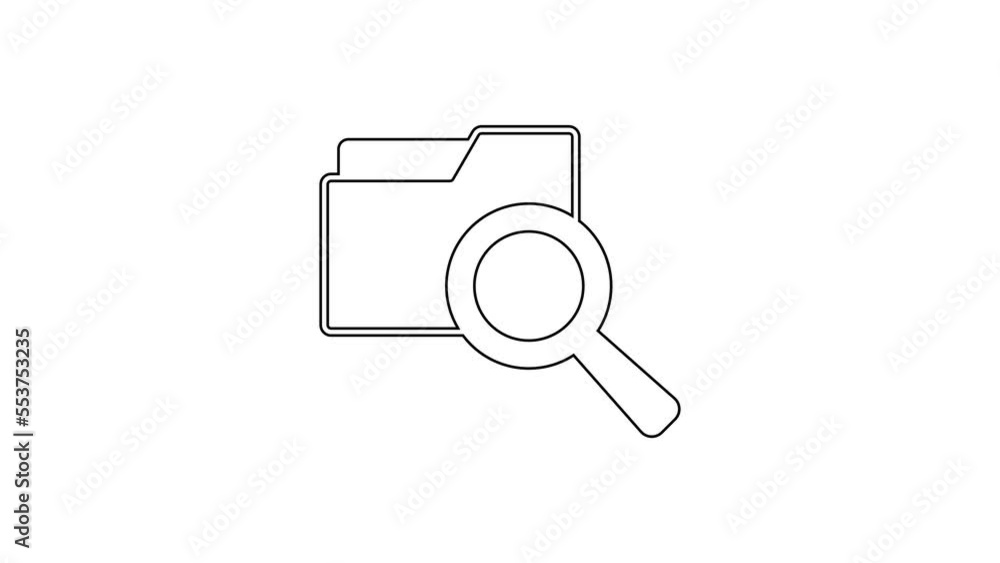 Poster black line search concept with folder icon isolated on white background. magnifying glass and docume