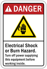 Electrical hazard warning sign and labels electrical shock or burn hazard turn off power supplying this equipment before working inside