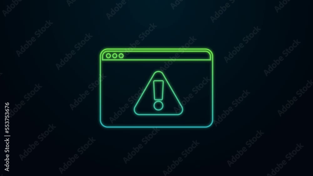 Poster glowing neon line browser with exclamation mark icon isolated on black background. alert message sma