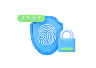 Shield 3d icon - fingerprint illustration, padlock, safe element and password symbol