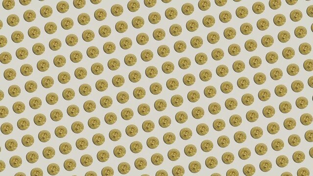 Bitcoin golden coins scattered zoom out from texture pattern background. Crypto web 3 metaverse. Digital gold BTC treasure blockchain wealth or profit metaphor