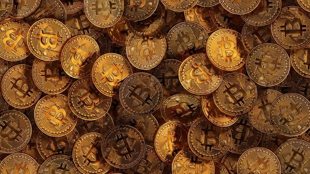 Bitcoin golden coins scattered camera pan texture pattern background. Crypto web 3 metaverse. Digital gold BTC treasure blockchain wealth or profit metaphor