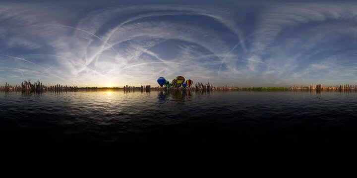 A 360VR experience of moving over the ocean waves at speed and under multiple hot air balloons as they fly overhead with the sun setting over the city skyline.
