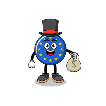 europe flag mascot illustration rich man holding a money sack