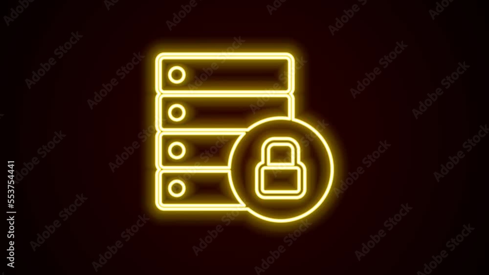 Poster glowing neon line server security with closed padlock icon isolated on black background. database an