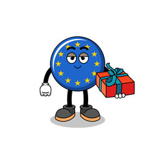 Fototapeta na wymiar europe flag mascot illustration giving a gift