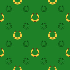 Seamless vector pattern with Horseshoe. The holidays backdrop for St. Patrick's Day. Colorful elements on green. Festive background for greeting cards, decoration, packaging design, and web.
