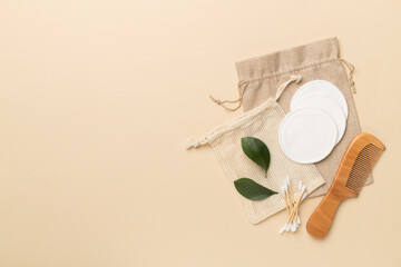 Flat lay with natural biodegradable accessories on color background, top view