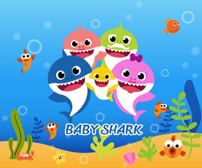 Fototapeta na wymiar Baby shark birthday greeting card template. Shark cards. Birthday invite, happy child party in ocean style.