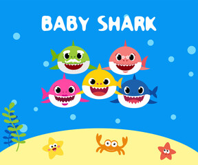 Baby shark birthday card. Baby sharks characters. Baby shark vector