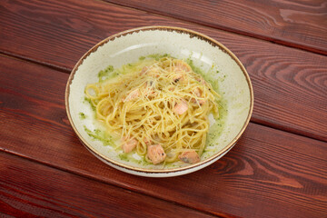 Spaghetti Carbonara on a wooden table