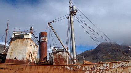 Deck of an old, rusted whaling ship at the old whaling station at Grytviken, South Georgia Island - obrazy, fototapety, plakaty