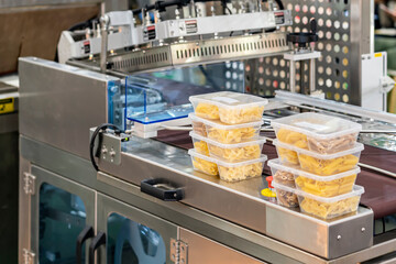 Close up food or various shape macaroni in multiple plastic box placed on automatic plastic film...
