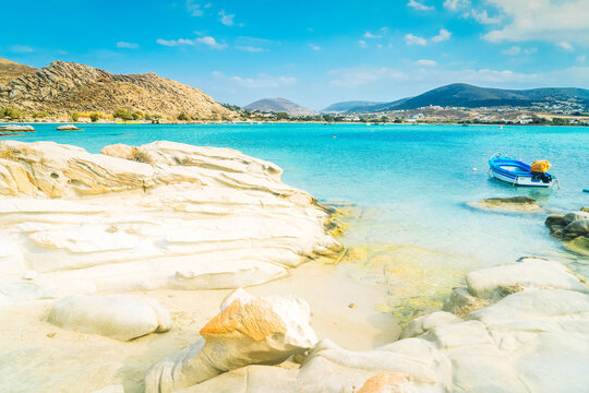 Romantic beach with rocks at greek island, Paros Greece at summer, toned