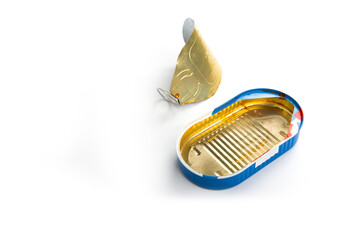 Empty tomato fish can on a white background