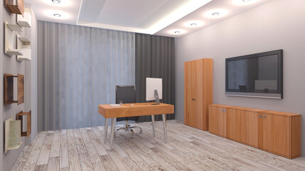 Open space office interior with like conference room. Mockup. 3D rendering.