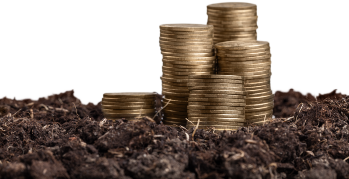 Farmers' hands are watering trees on top of coins stacked.