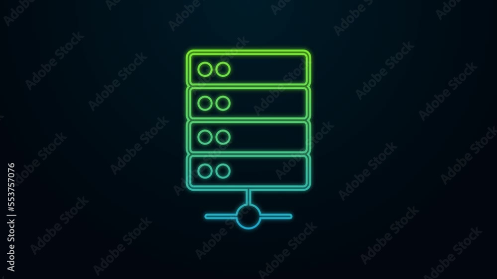 Poster glowing neon line server, data, web hosting icon isolated on black background. 4k video motion graph