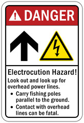Overhead power lines sign and labels electrocution hazard look out and look up for overhead power lines