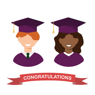 Set of student avatar icons. Smiling graduates guy and girl in graduation hats and gown. Graduation greeting card. Vector icon. 