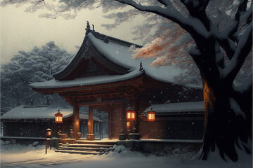 Obraz premium 雪化粧をした神社 Generative AI