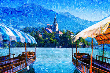 Typical wooden boats, in slovenian called Pletna, in the Lake Bled, the most famous lake in...