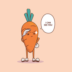 A vector illustration of a carrot who was seeing the distance clearly and say i can see you. Carrot has vitamin a, related with good eyesight. Suitable for healty eyes concept.