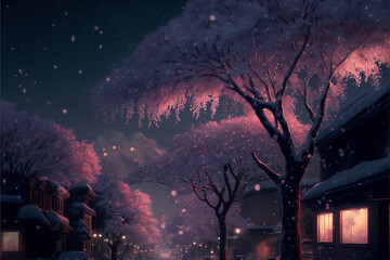 Fototapeta premium 夜桜のある暮らし Generative AI 