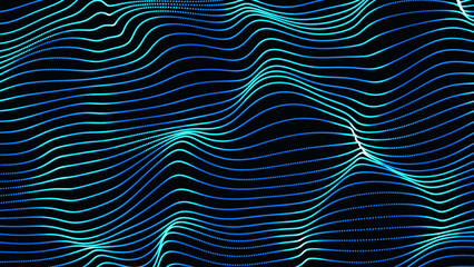 Flowing sky blue dots particles wave pattern blue green gradient light isolated on black background.