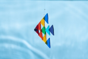rainbow-colored suncatcher fish under water against the background of waves