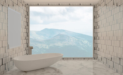 Spacious bathroom in gray tones with heated floors, freestanding tub. 3D rendering., Mockup.   Empty paintings