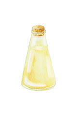 A bottle. Watercolor Glass Bottle of Olive Oil. The bottle is isolated on a white background. Olive Oil in a Bottle.