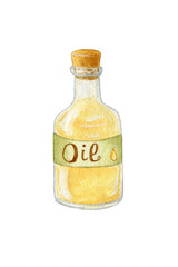 A bottle. Watercolor Glass Bottle of Olive Oil. The bottle is isolated on a white background. Olive Oil in a Bottle.