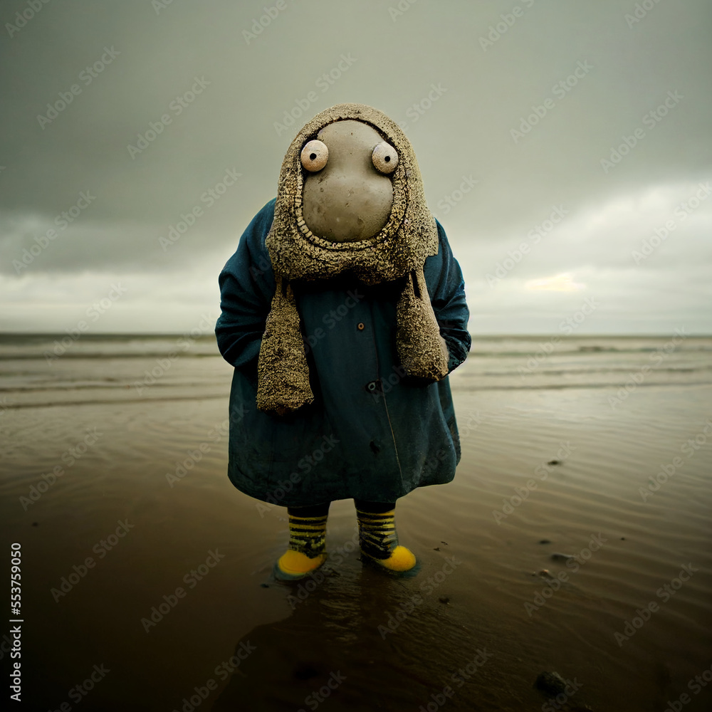 Wall mural little old squid lady crustacean with big eyes in a blue overcoat and yellow boots muddy windy beach