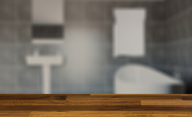 Clean and fresh bathroom with natural light. 3D rendering.. Mock. Background with empty wooden table. Flooring.