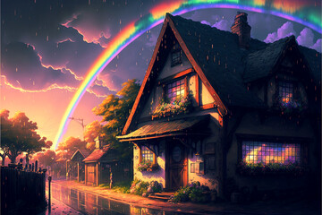 old house in the Rain and rainbow