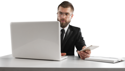 Portrait of handsome young man programmer with laptop