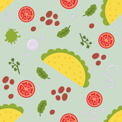 Vegan bean mexican fastfood taco seamless pattern. Perfect print for tee, paper, textile and fabric. Simple vector background for decor and design.