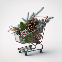 christmas shopping tree with cones and gifts in a shopping cart