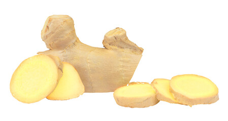 ginger, fresh ginger, sliced ​​particles, template for design and collage	