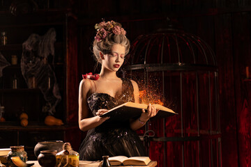 Charming woman witch use spell book