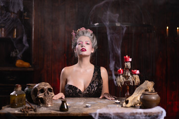 Portrait fortune teller woman reading future on magical cards. Magic and divination.