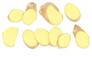 ginger, fresh ginger, sliced ​​particles, template for design and collage	